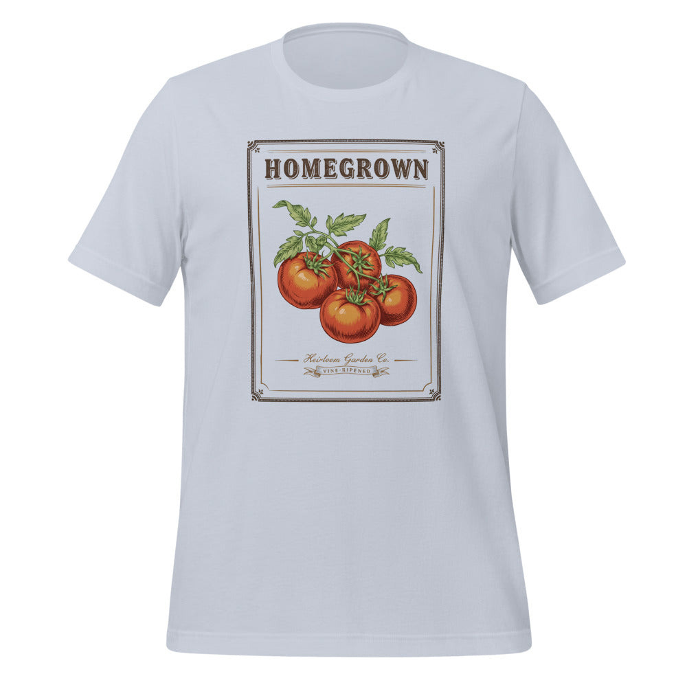Homegrown Heirloom Seed Packet gardening tee — Light Blue, front