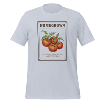 Homegrown Heirloom Seed Packet gardening tee — Light Blue, front