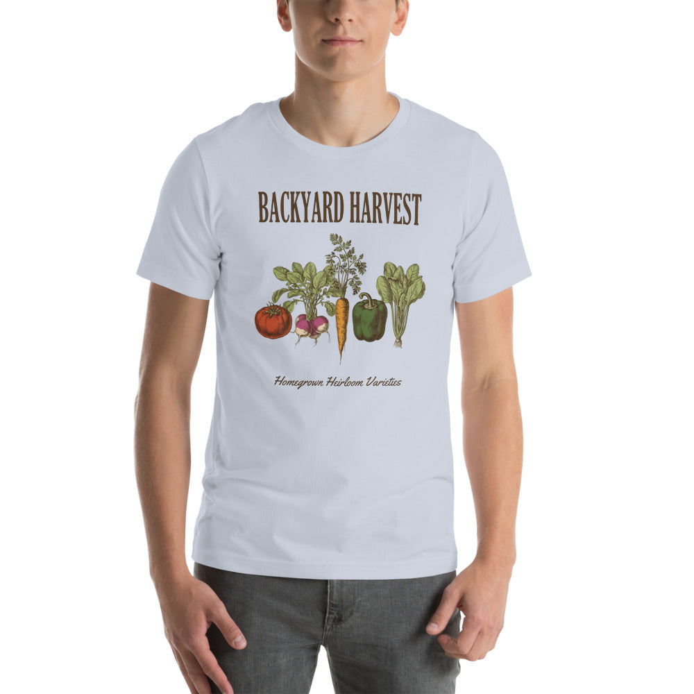 Backyard Harvest heirloom vegetable gardening tee — Light Blue, on model