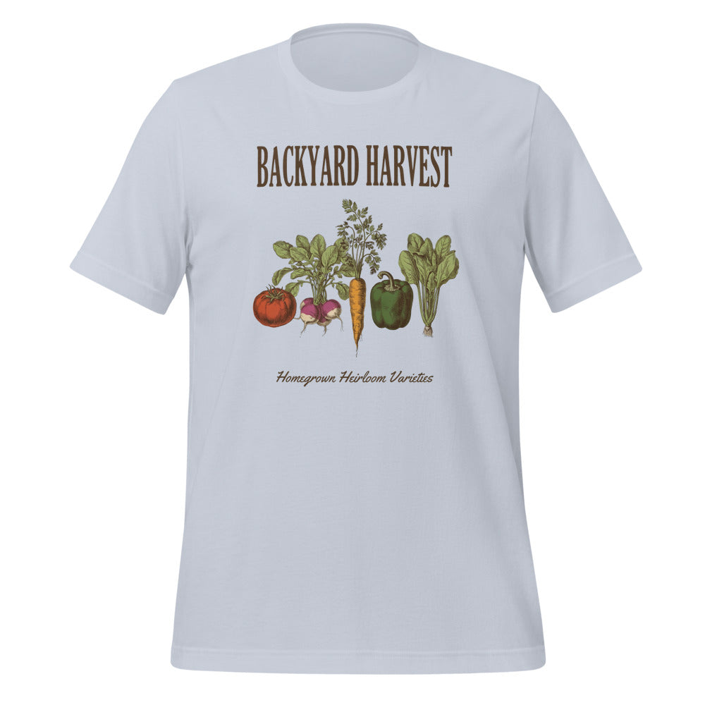 Backyard Harvest heirloom vegetable gardening tee — Light Blue, front