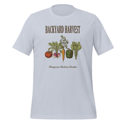 Backyard Harvest heirloom vegetable gardening tee — Light Blue, front