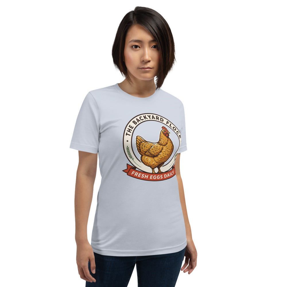 Backyard Flock heritage chicken keeper tee — Light Blue, on model