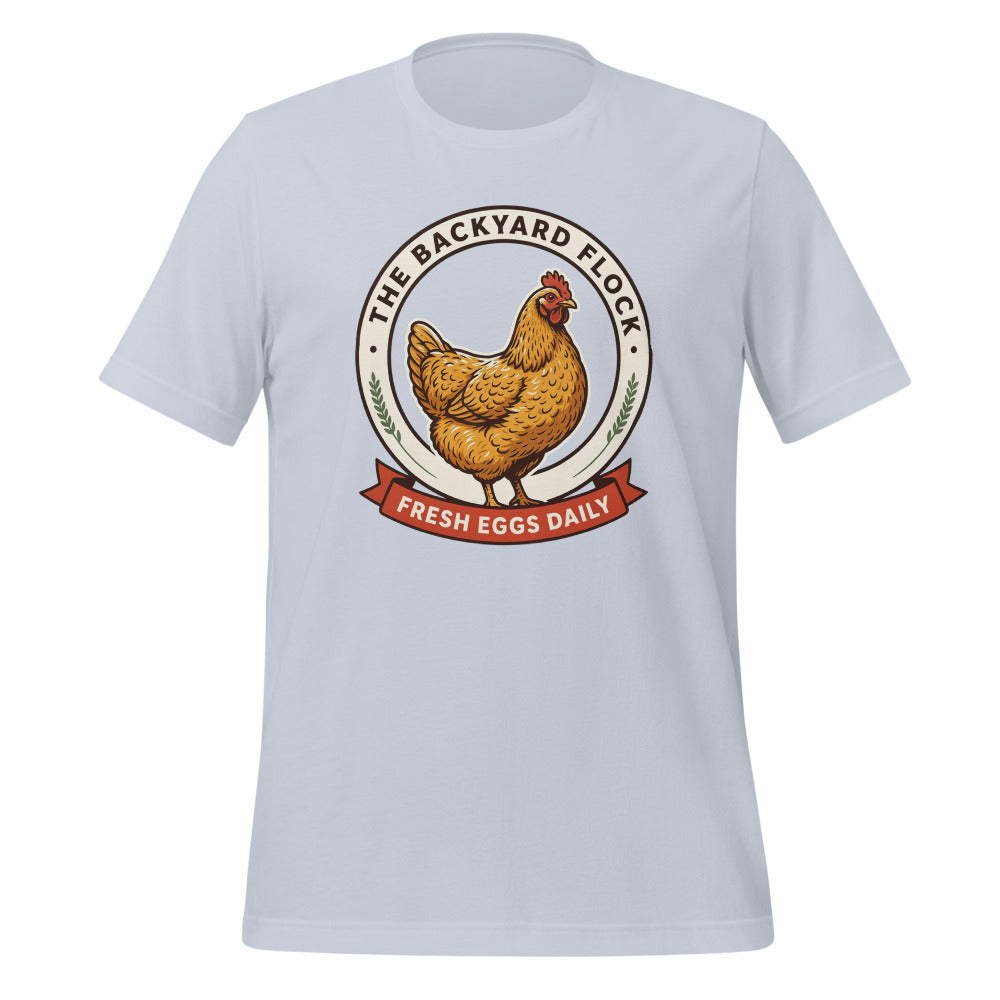 Backyard Flock heritage chicken keeper tee — Light Blue, front