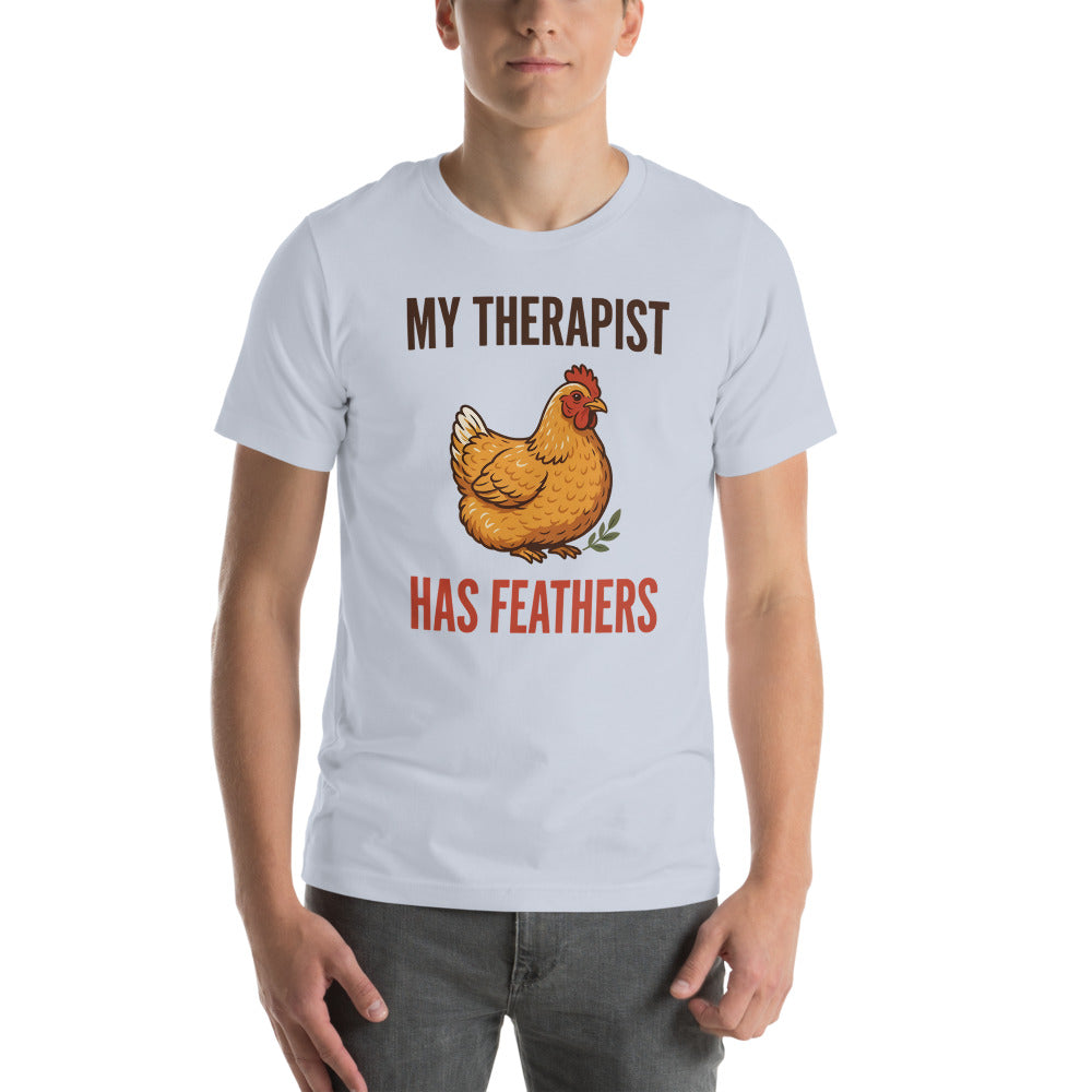 My Therapist Has Feathers funny chicken keeper tee — Light Blue, on model