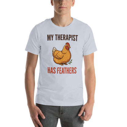 My Therapist Has Feathers funny chicken keeper tee — Light Blue, on model