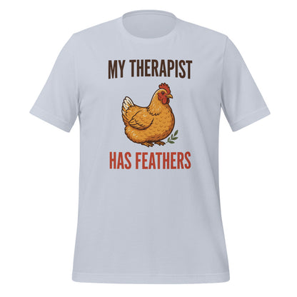 My Therapist Has Feathers funny chicken keeper tee — Light Blue, front