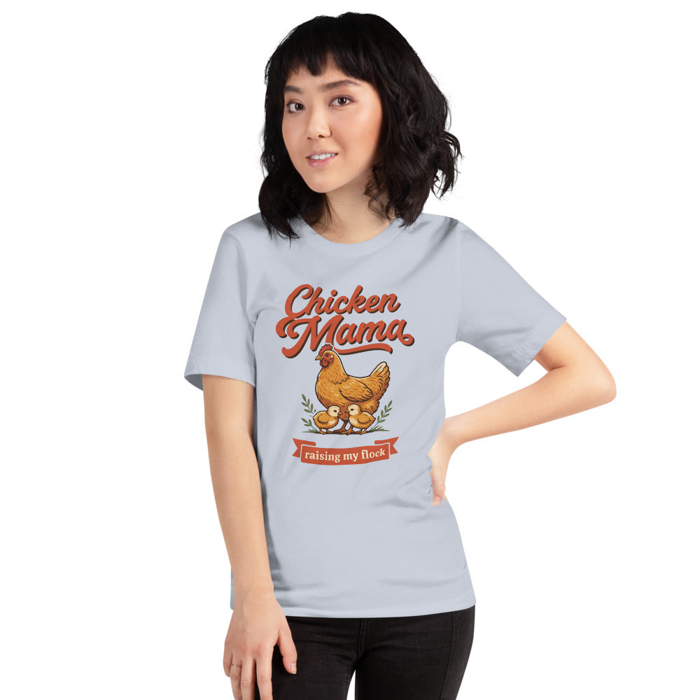Chicken Mama raising my flock chicken keeper tee — Light Blue, on model