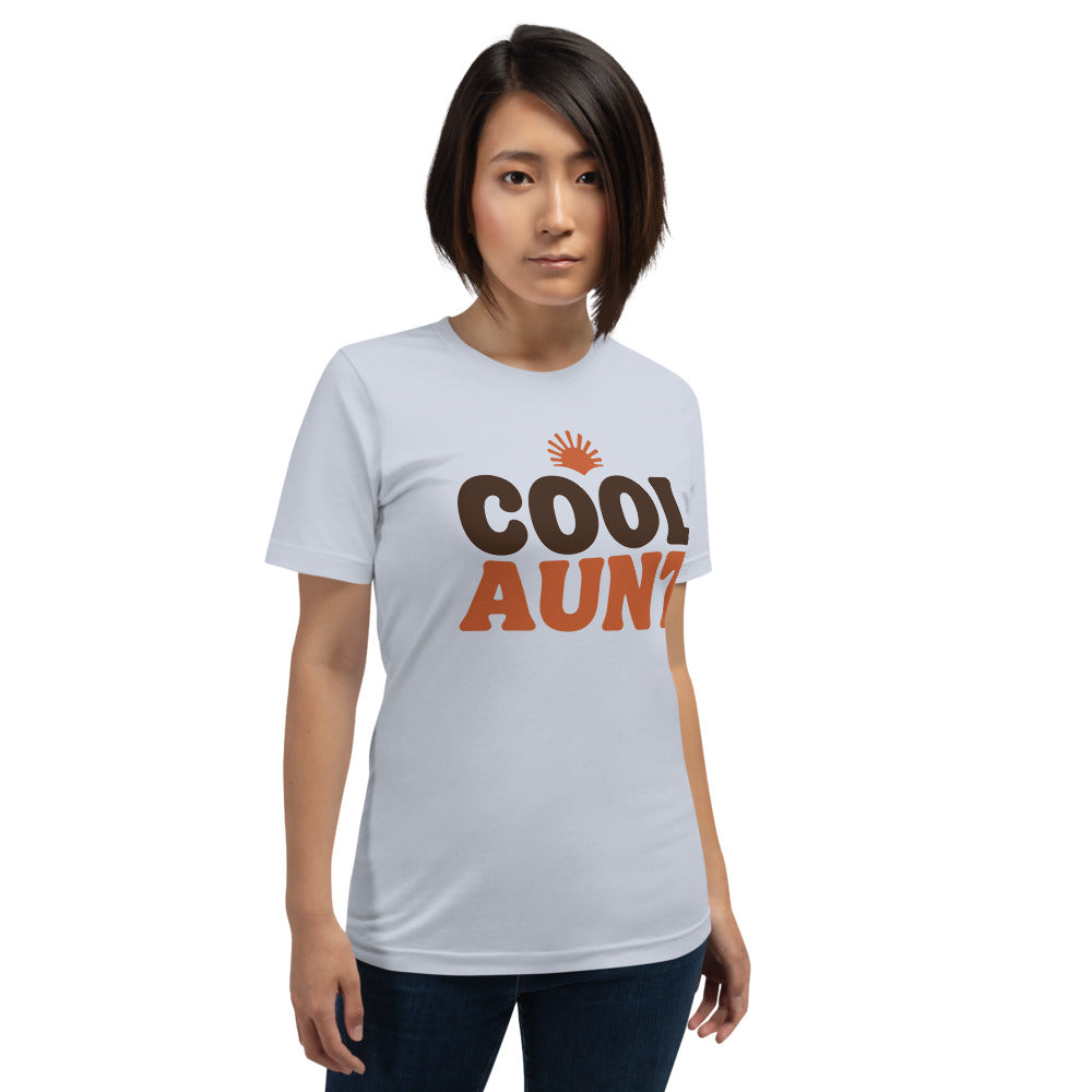 Cool Aunt retro groovy aunt tee — Light Blue, on model