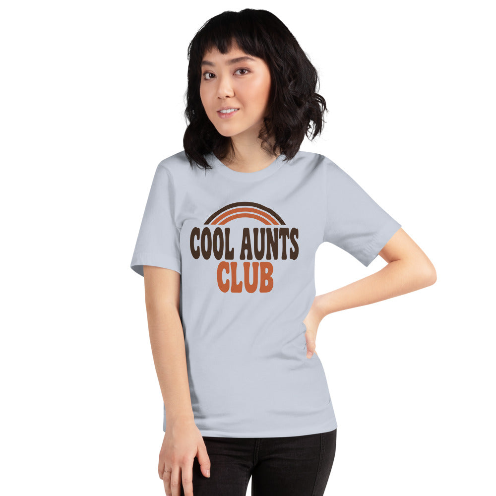 Cool Aunts Club retro groovy aunt tee — Light Blue, on model