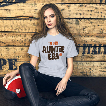 In My Auntie Era retro groovy aunt tee — Light Blue, on model