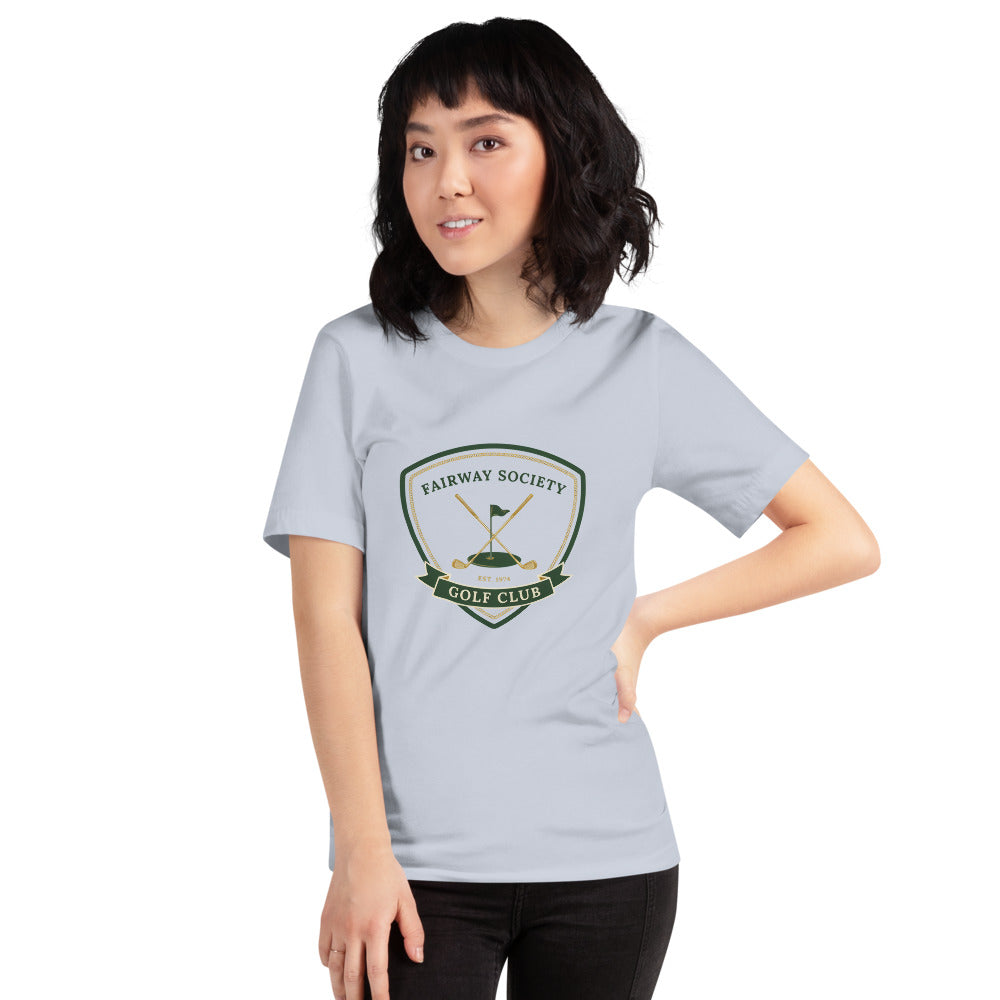 Fairway Society vintage golf club crest tee — Light Blue, on model