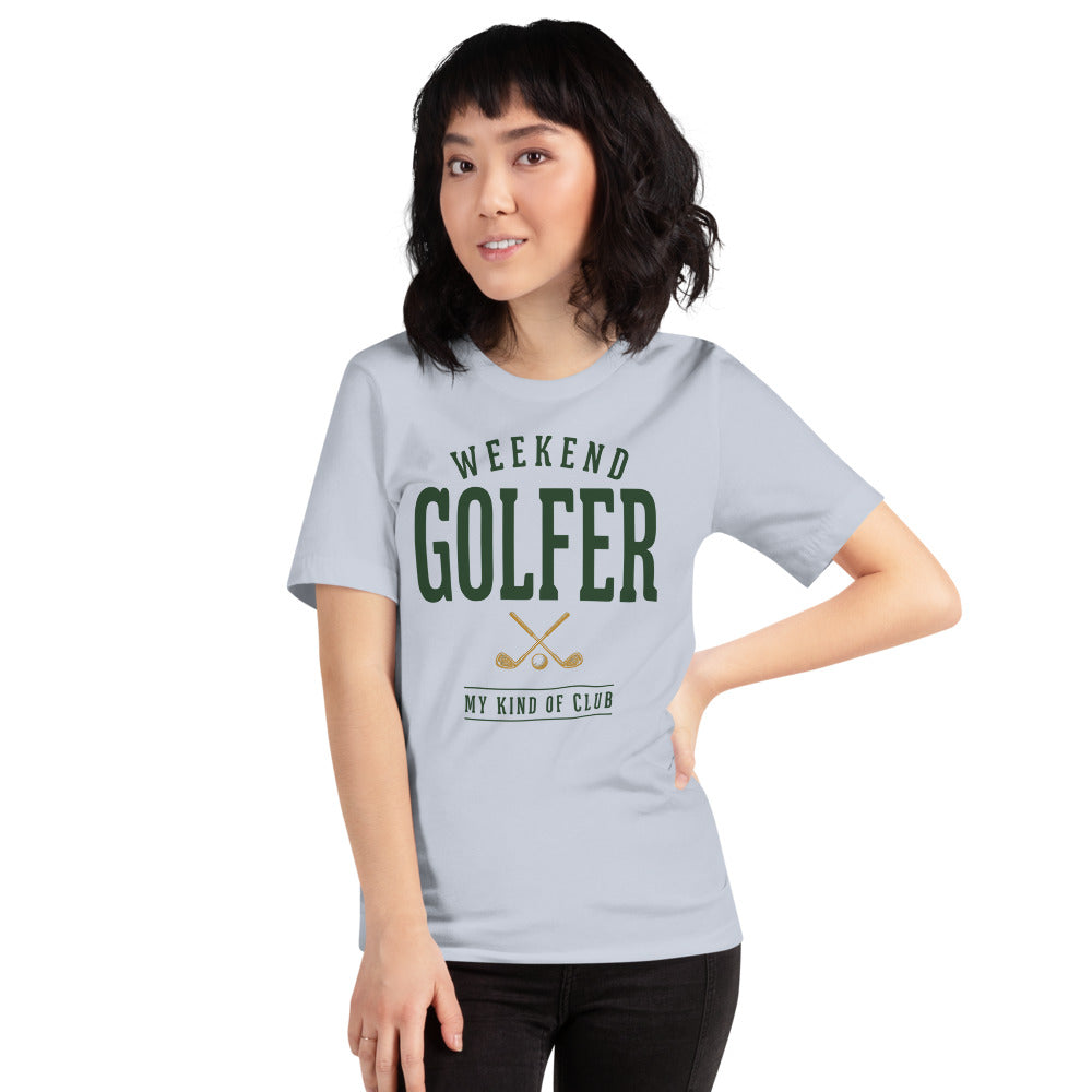 Weekend Golfer vintage golf wordmark tee — Light Blue, on model