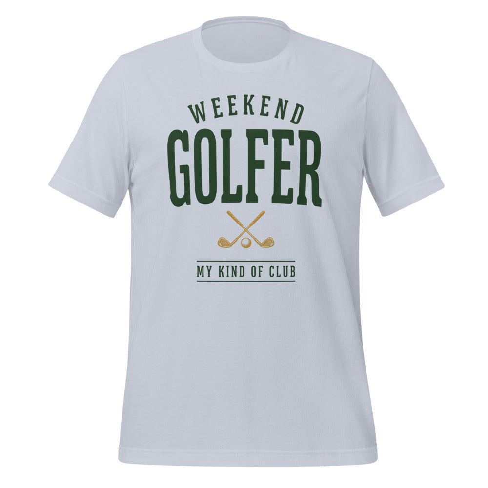 Weekend Golfer vintage golf wordmark tee — Light Blue, front