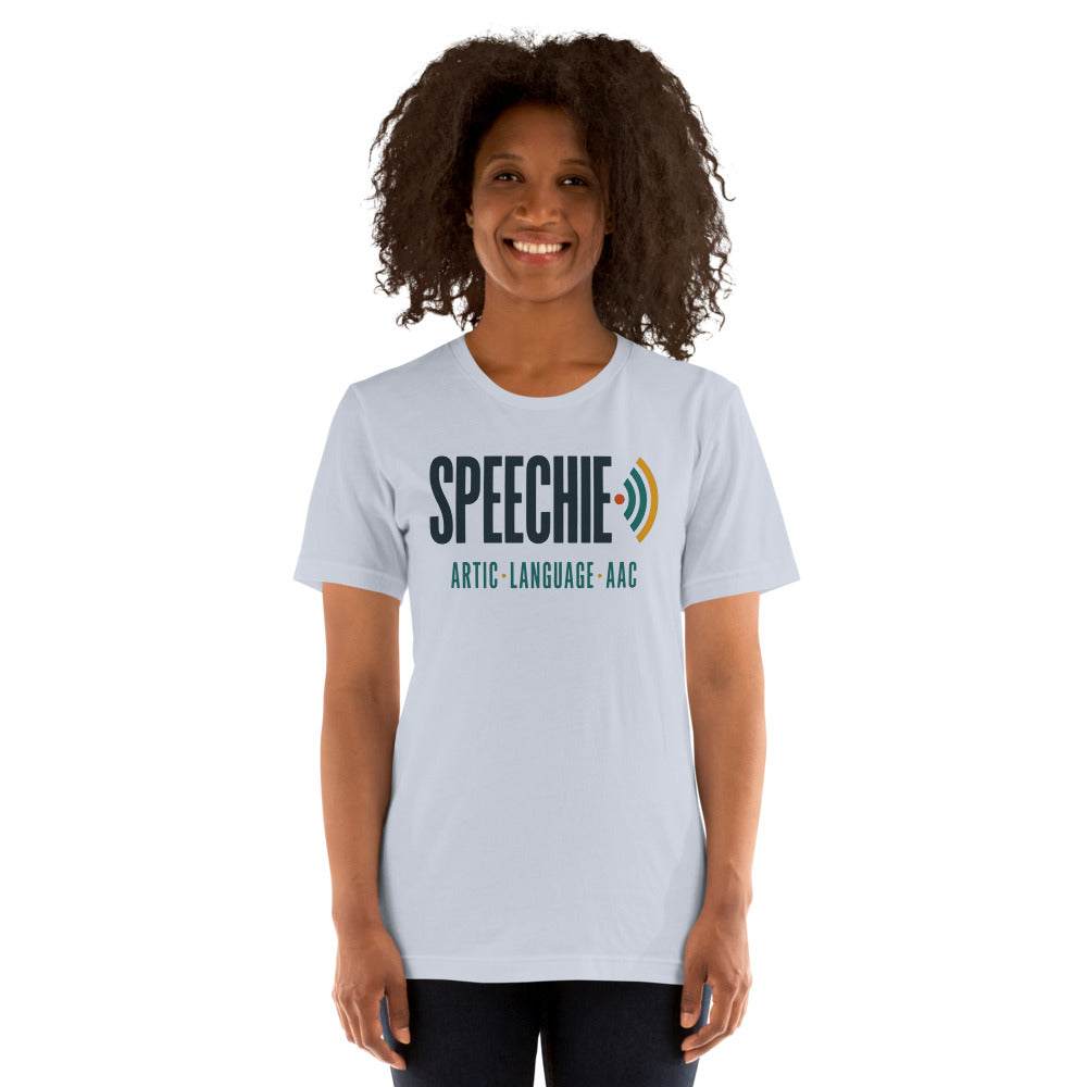 Speechie Wordmark speech therapy tee — Light Blue, on model