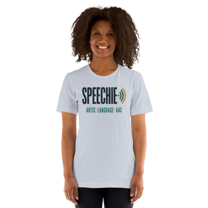 Speechie Wordmark speech therapy tee — Light Blue, on model