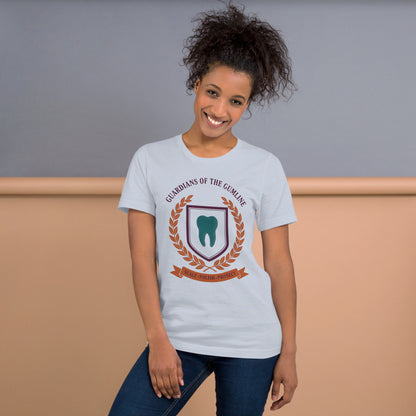 Guardians of the Gumline dental hygienist tee — Light Blue, on model