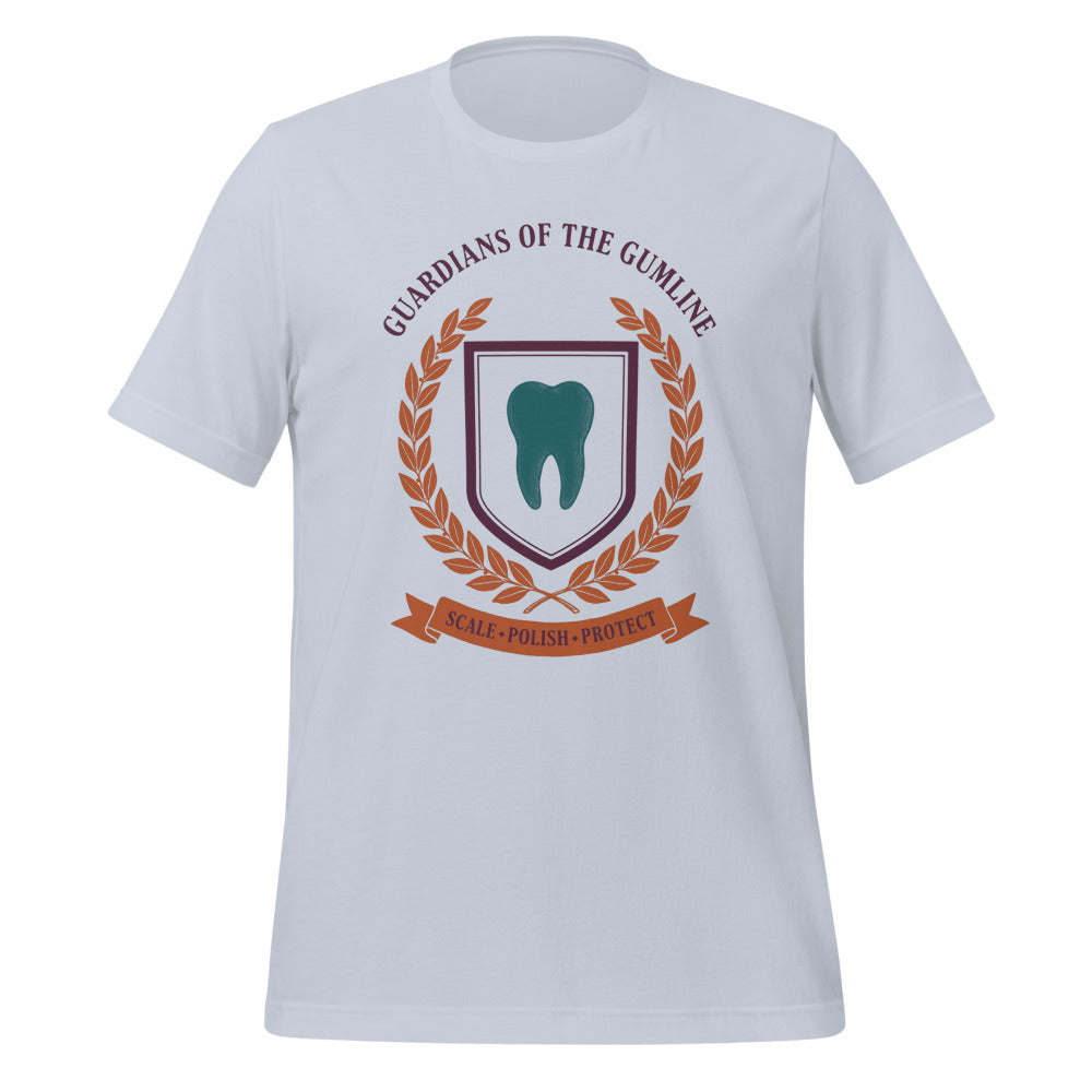 Guardians of the Gumline dental hygienist tee — Light Blue, front