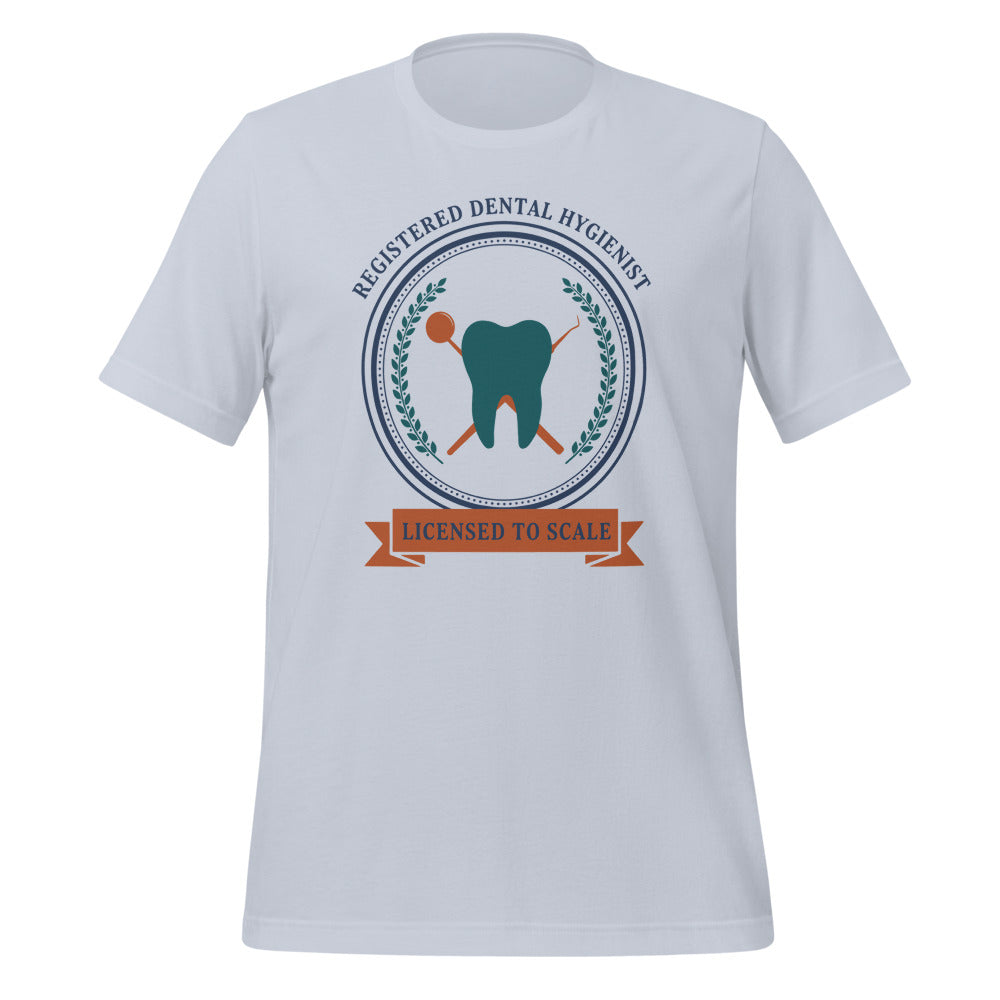 Licensed to Scale registered dental hygienist tee — Light Blue, front
