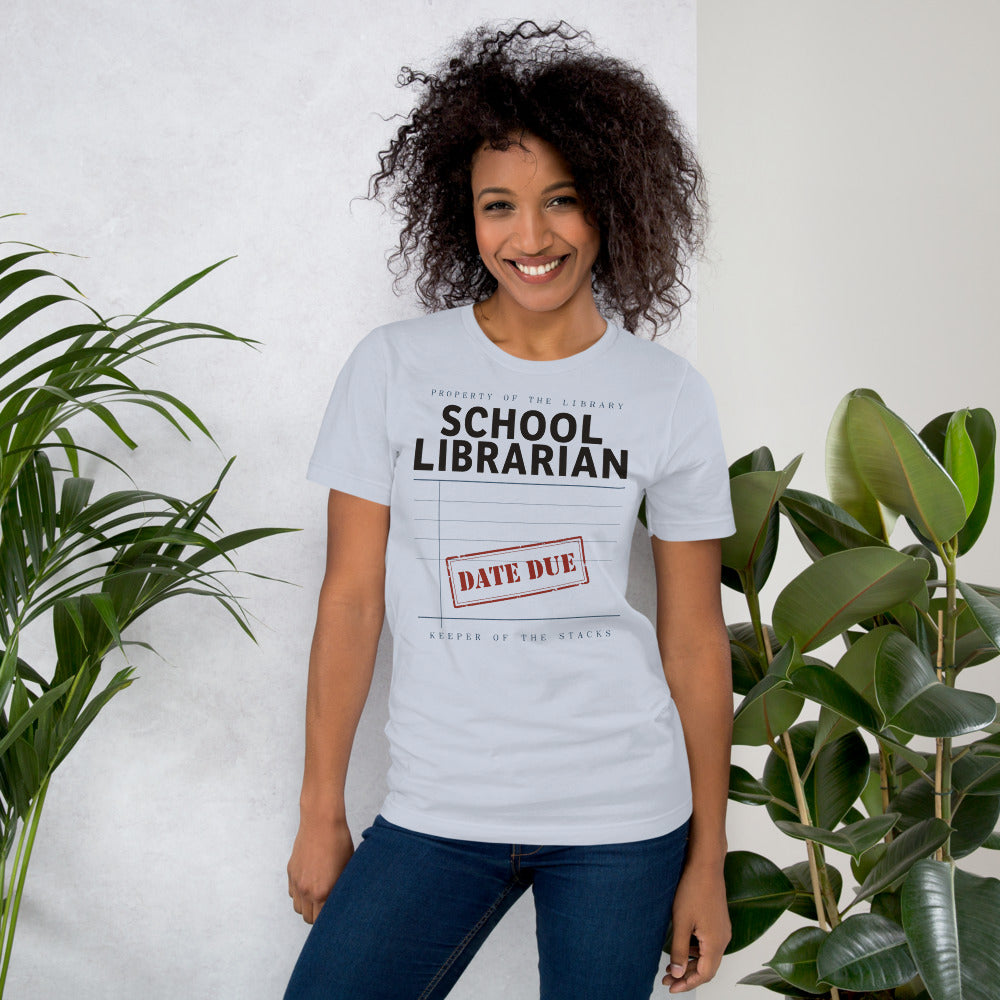 Property of the School Library card catalog school librarian tee — Light Blue, on model