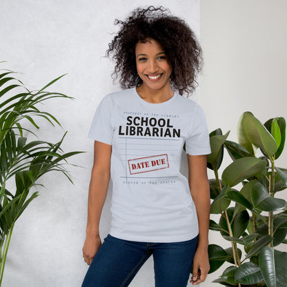 Property of the School Library card catalog school librarian tee — Light Blue, on model