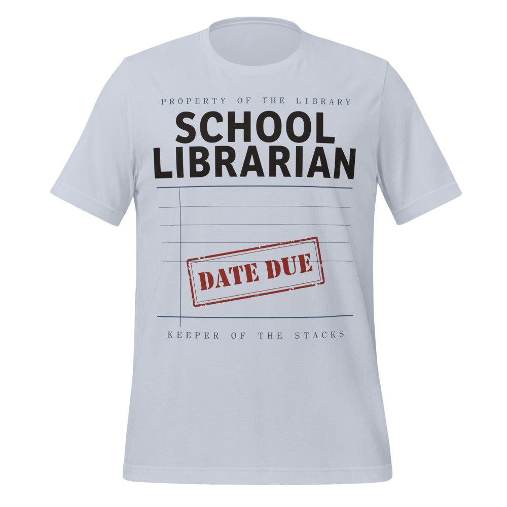 Property of the School Library card catalog school librarian tee — Light Blue, front