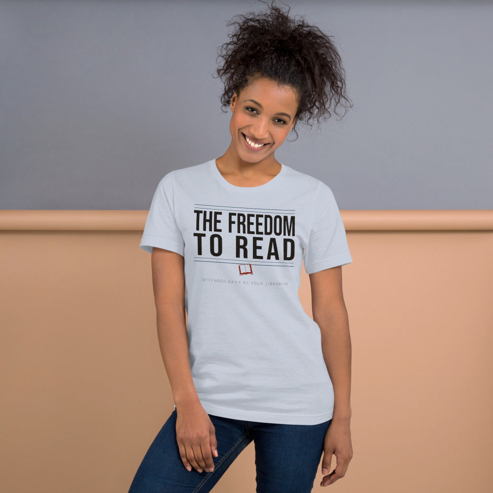 The Freedom to Read school librarian tee — Light Blue, on model