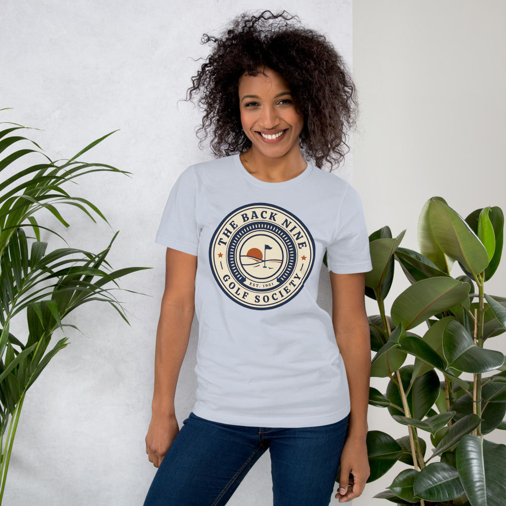 The Back Nine vintage golf roundel tee — Light Blue, on model