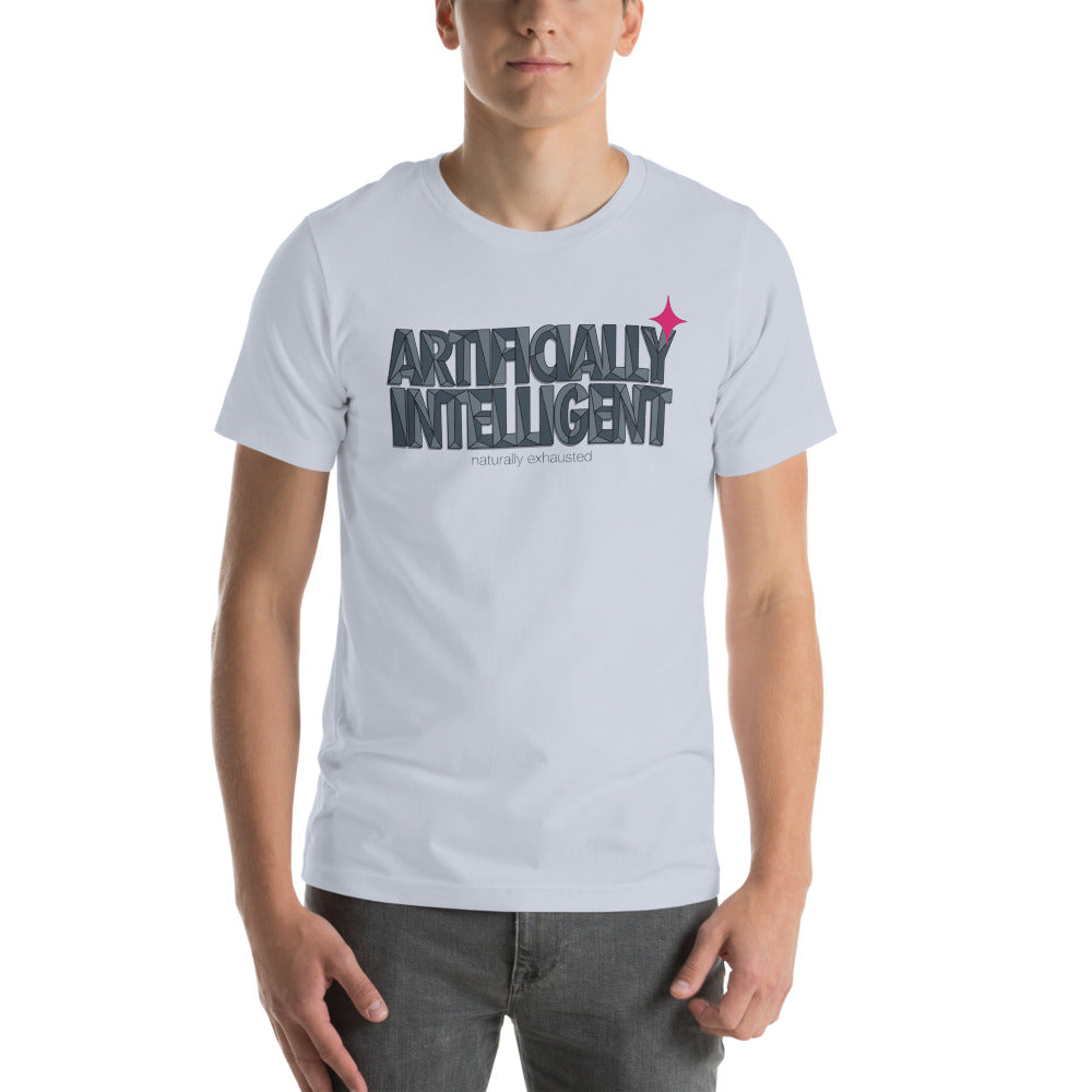 Artificially Intelligent funny AI t-shirt — Light Blue, on model