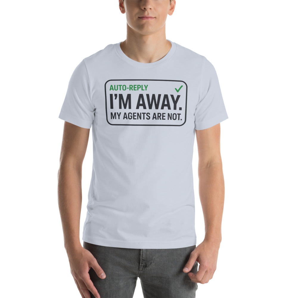 Auto-Reply agentic AI engineer tee — Light Blue, on model