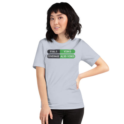Eval Suite Vibes agentic AI engineer tee — Light Blue, on model