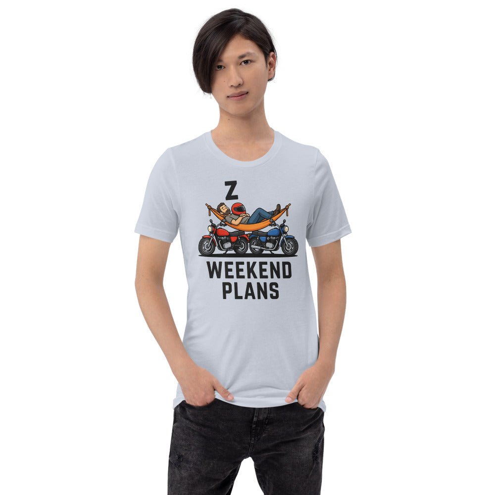 Weekend Plans funny motorcycle dad tee — Light Blue, on model