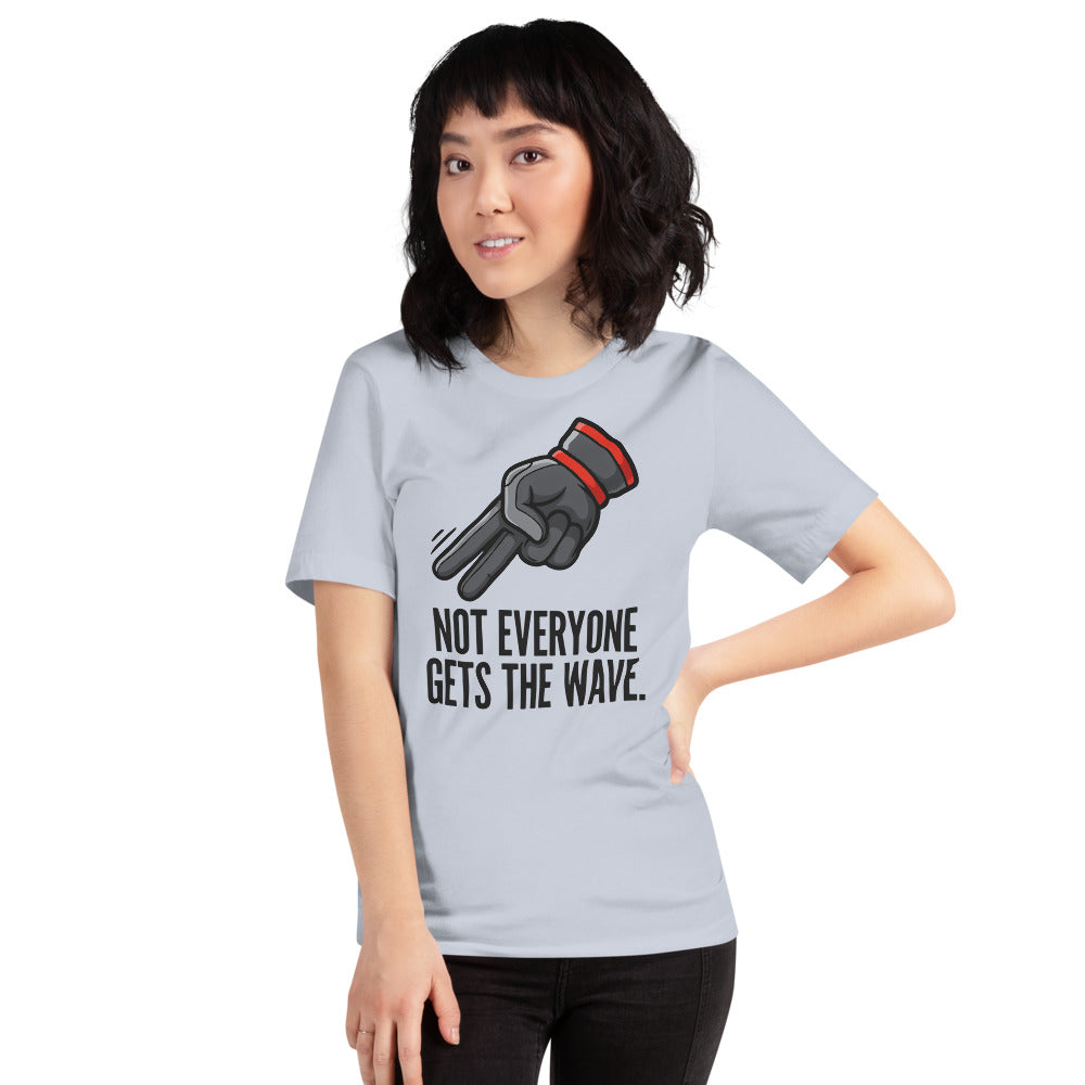 Not Everyone Gets The Wave biker wave motorcycle tee — Light Blue, on model