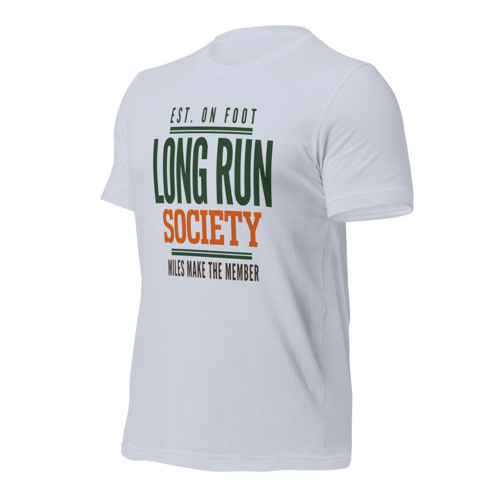 Long Run Society retro running tee — Light Blue, front-right