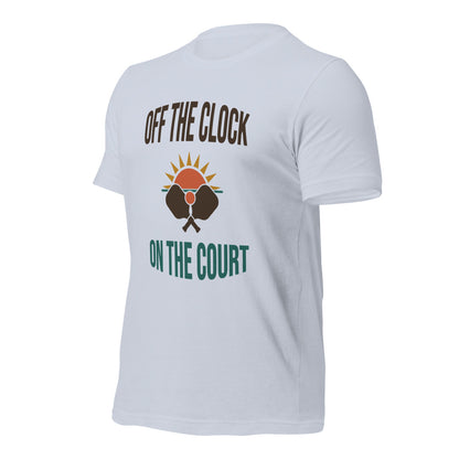 Off The Clock On The Court retro pickleball tee — Light Blue, side