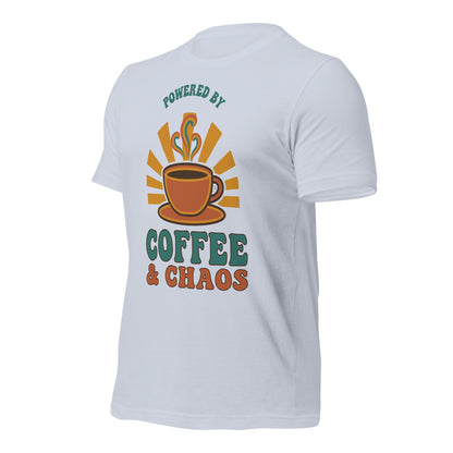 Powered By Coffee And Chaos retro groovy teacher tee — Light Blue, front right angle