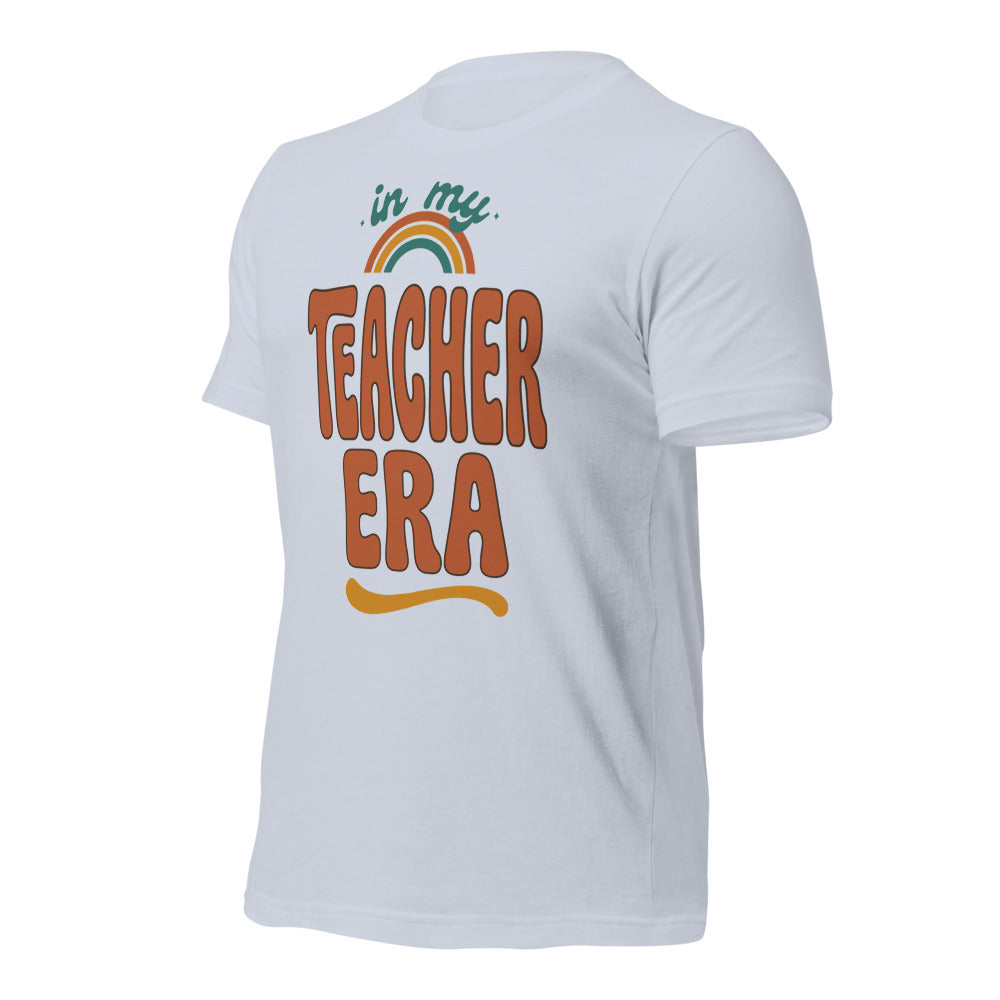 In My Teacher Era retro groovy teacher tee — Light Blue, front right