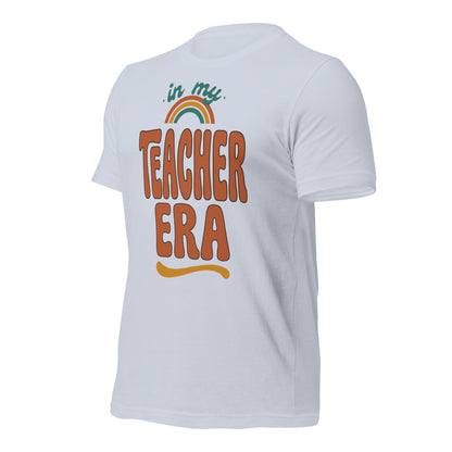 In My Teacher Era retro groovy teacher tee — Light Blue, front right