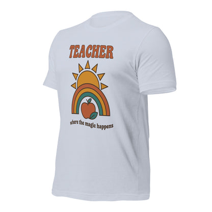 Teacher Where The Magic Happens retro groovy teacher tee — Light Blue, front angle