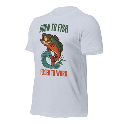 Born to Fish Forced to Work retro fishing humor tee — Light Blue, front-right
