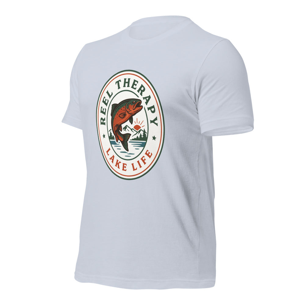 Reel Therapy retro national-park trout badge fishing tee — Light Blue, front-right