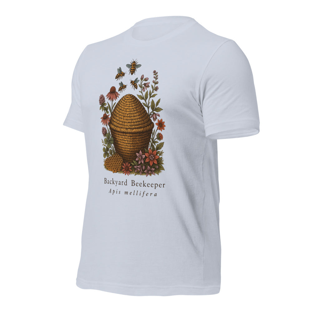 Backyard Beekeeper field-guide bee tee — Light Blue, front-right