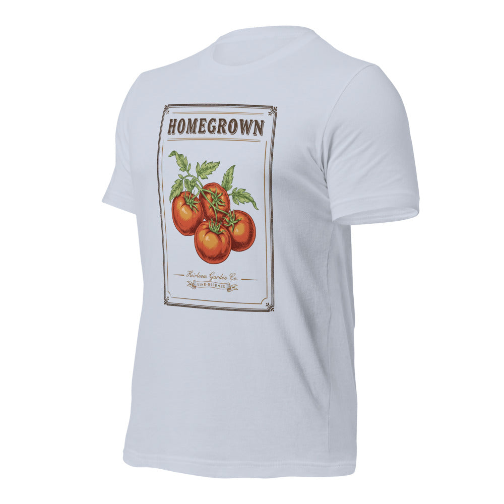 Homegrown Heirloom Seed Packet gardening tee — Light Blue, front-right