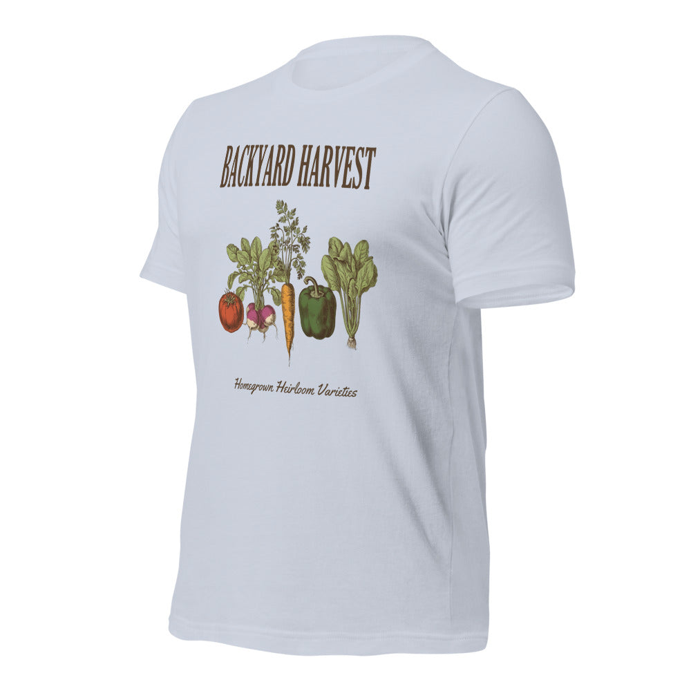 Backyard Harvest heirloom vegetable gardening tee — Light Blue, front-right