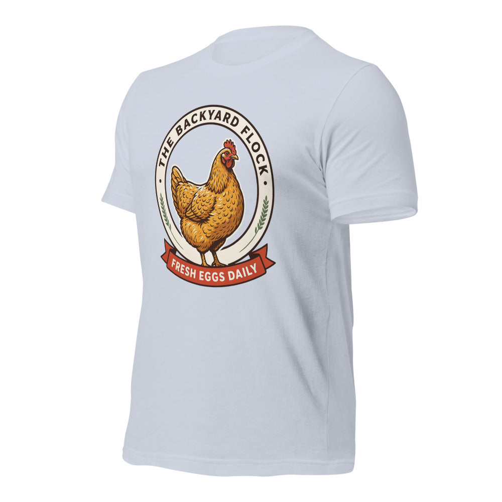 Backyard Flock heritage chicken keeper tee — Light Blue, front-right