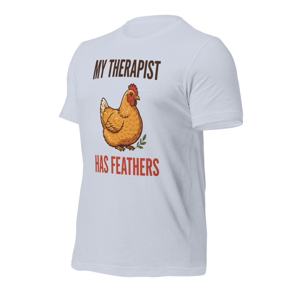 My Therapist Has Feathers funny chicken keeper tee — Light Blue, front-right