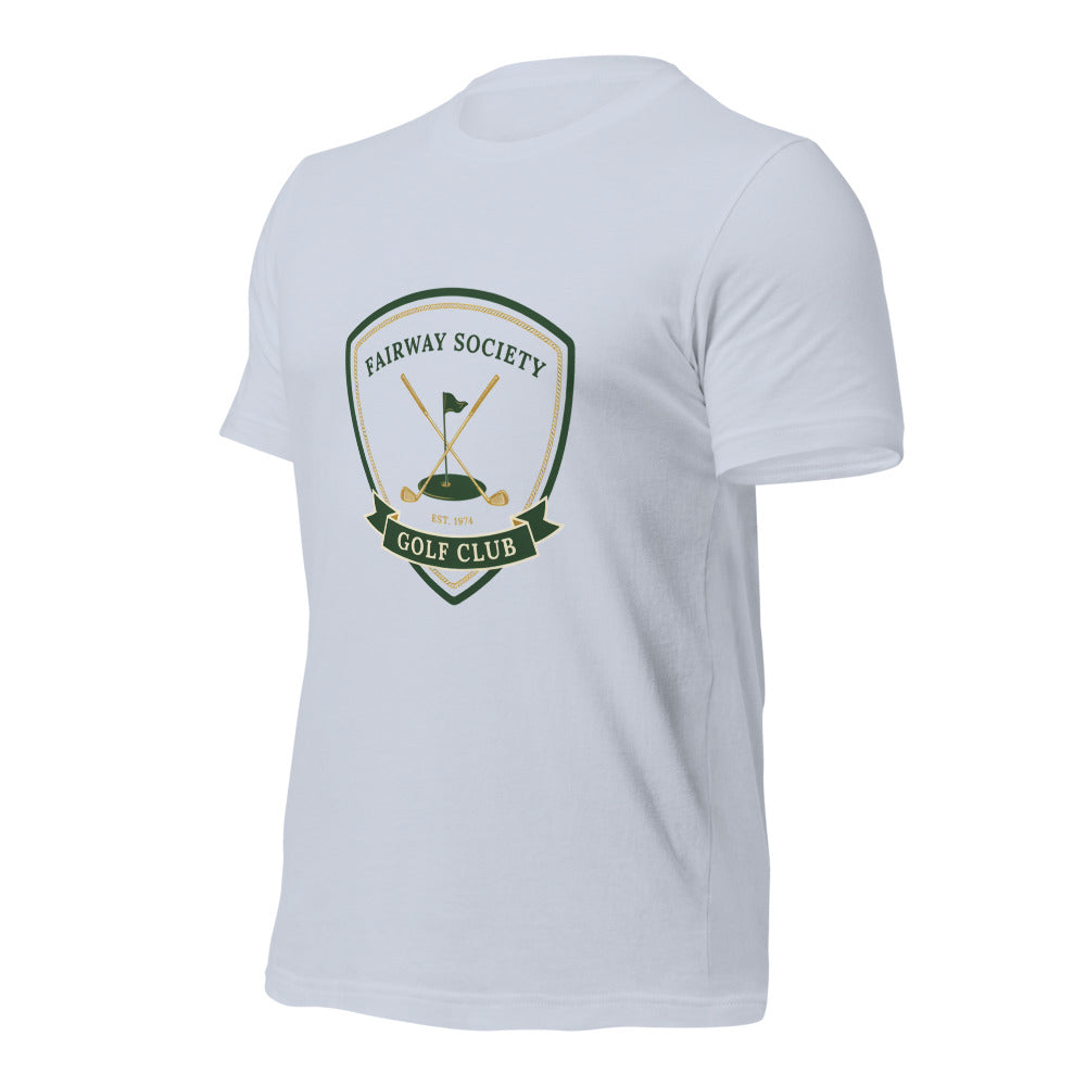 Fairway Society vintage golf club crest tee — Light Blue, front-right