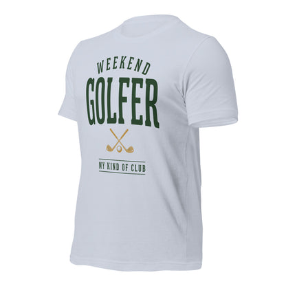 Weekend Golfer vintage golf wordmark tee — Light Blue, front-right