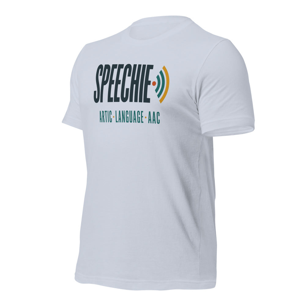 Speechie Wordmark speech therapy tee — Light Blue, front-right