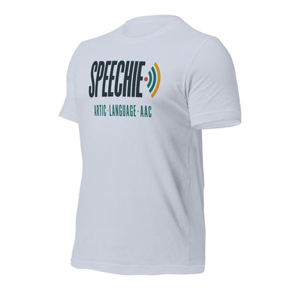 Speechie Wordmark speech therapy tee — Light Blue, front-right