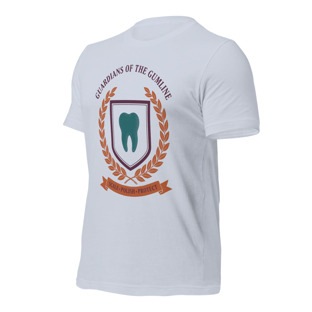 Guardians of the Gumline dental hygienist tee — Light Blue, front-right